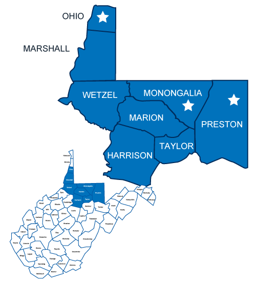 map of WV with the following counties highlighted: Ohio, Marshall, Wetzel, Monongalia, Preston, Marion, Taylor, and Harrison